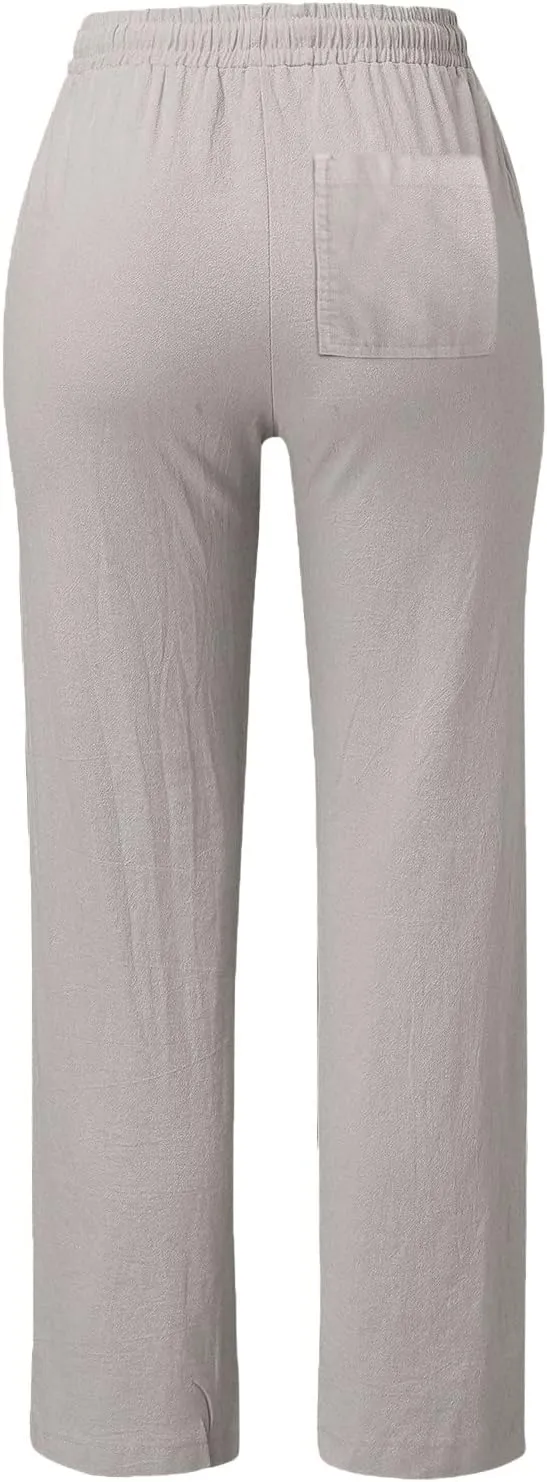 SHAOBGE Womens Casual Cotton Linen Pants Lightweight Summer Relax Fit Elastic Waist Straight Leg Solid Lounge Long Trousers