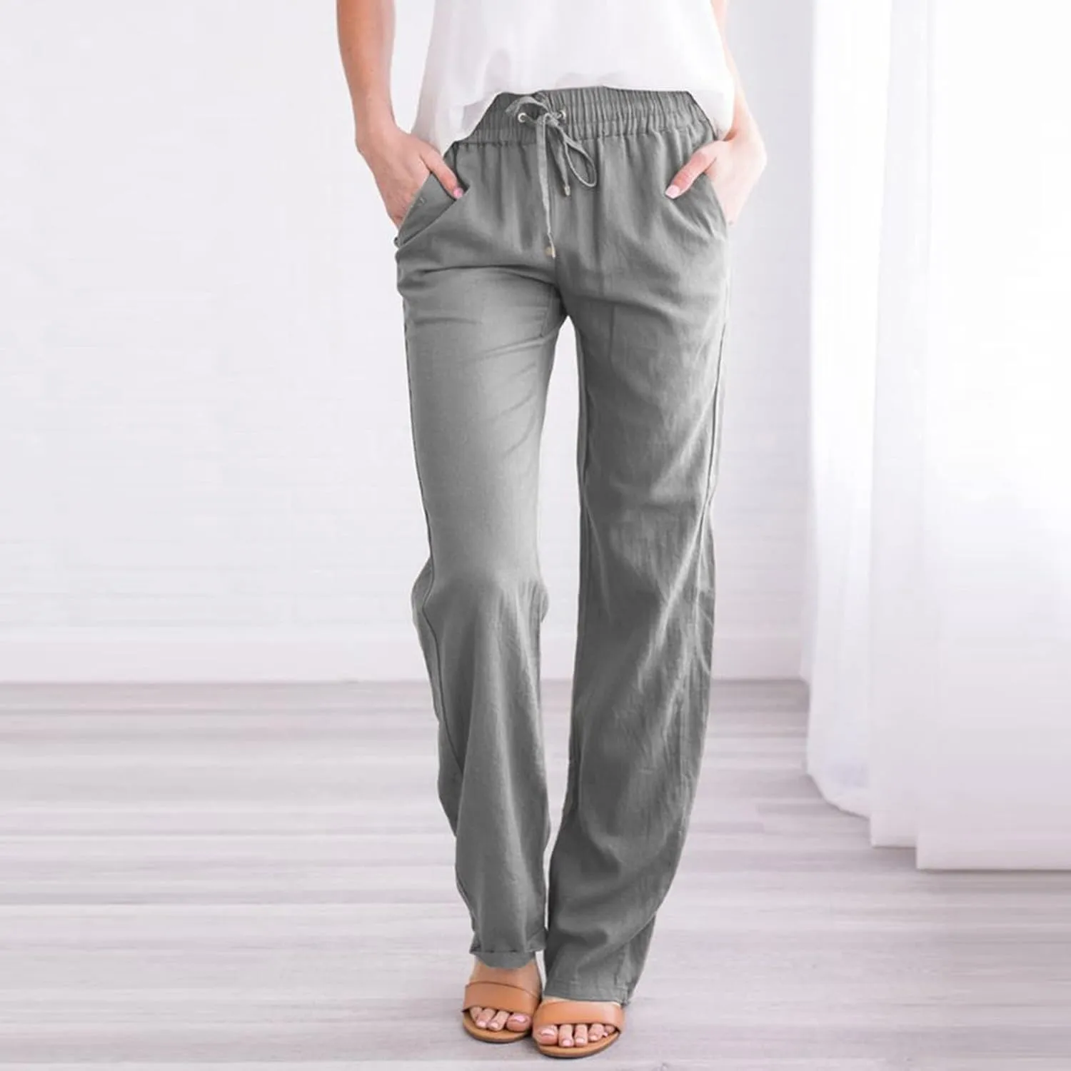 SHAOBGE Womens Casual Cotton Linen Pants Lightweight Summer Relax Fit Elastic Waist Straight Leg Solid Lounge Long Trousers