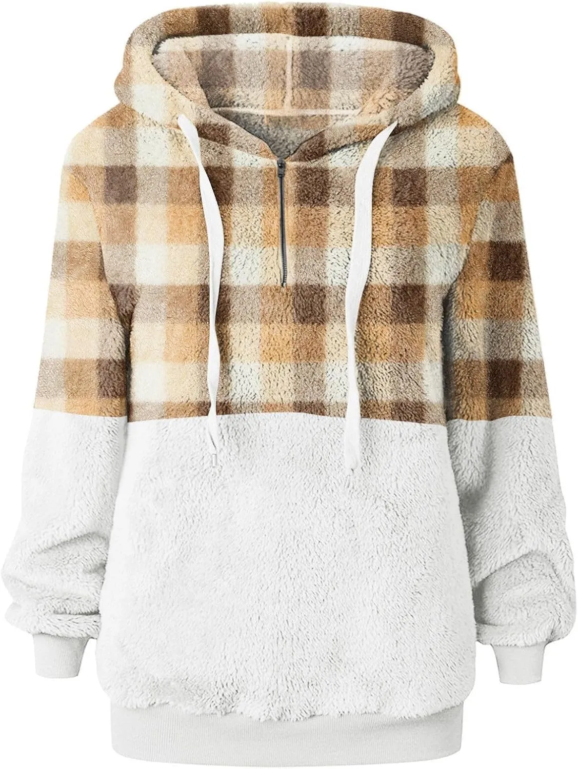 Sherpa Pullover Womens Warm Double Fleece Sweatshirts Relax Fit Fluffy Plaid Oversized Fuzzy Hoodie with Pockets