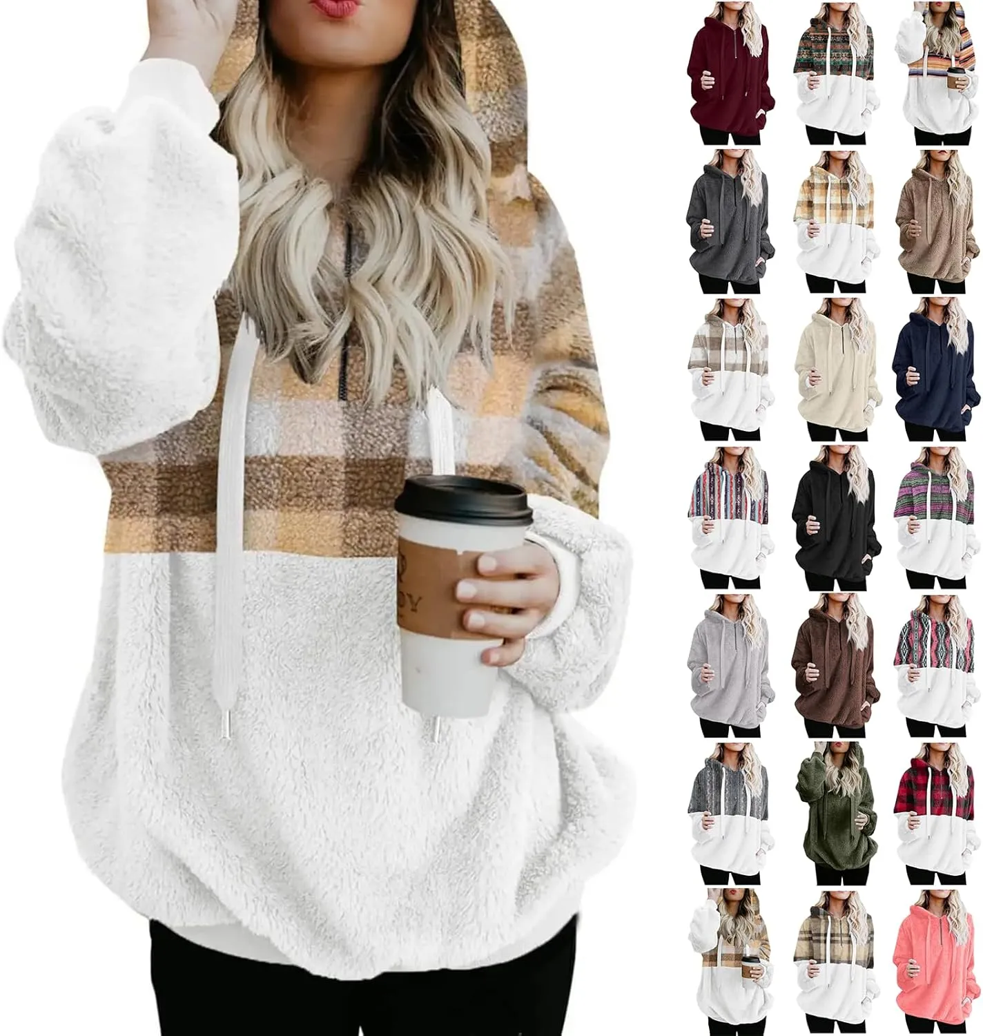 Sherpa Pullover Womens Warm Double Fleece Sweatshirts Relax Fit Fluffy Plaid Oversized Fuzzy Hoodie with Pockets
