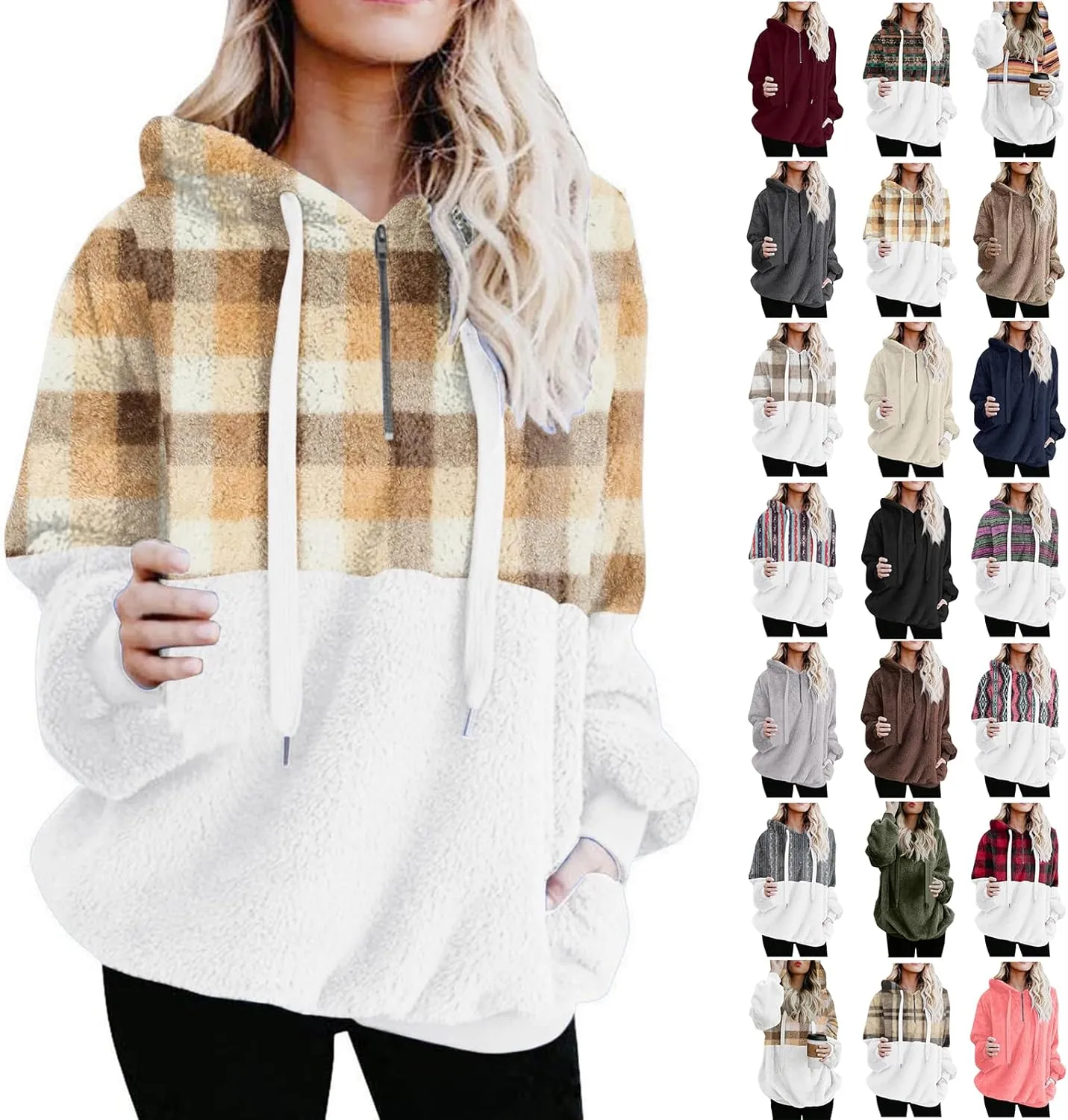 Sherpa Pullover Womens Warm Double Fleece Sweatshirts Relax Fit Fluffy Plaid Oversized Fuzzy Hoodie with Pockets