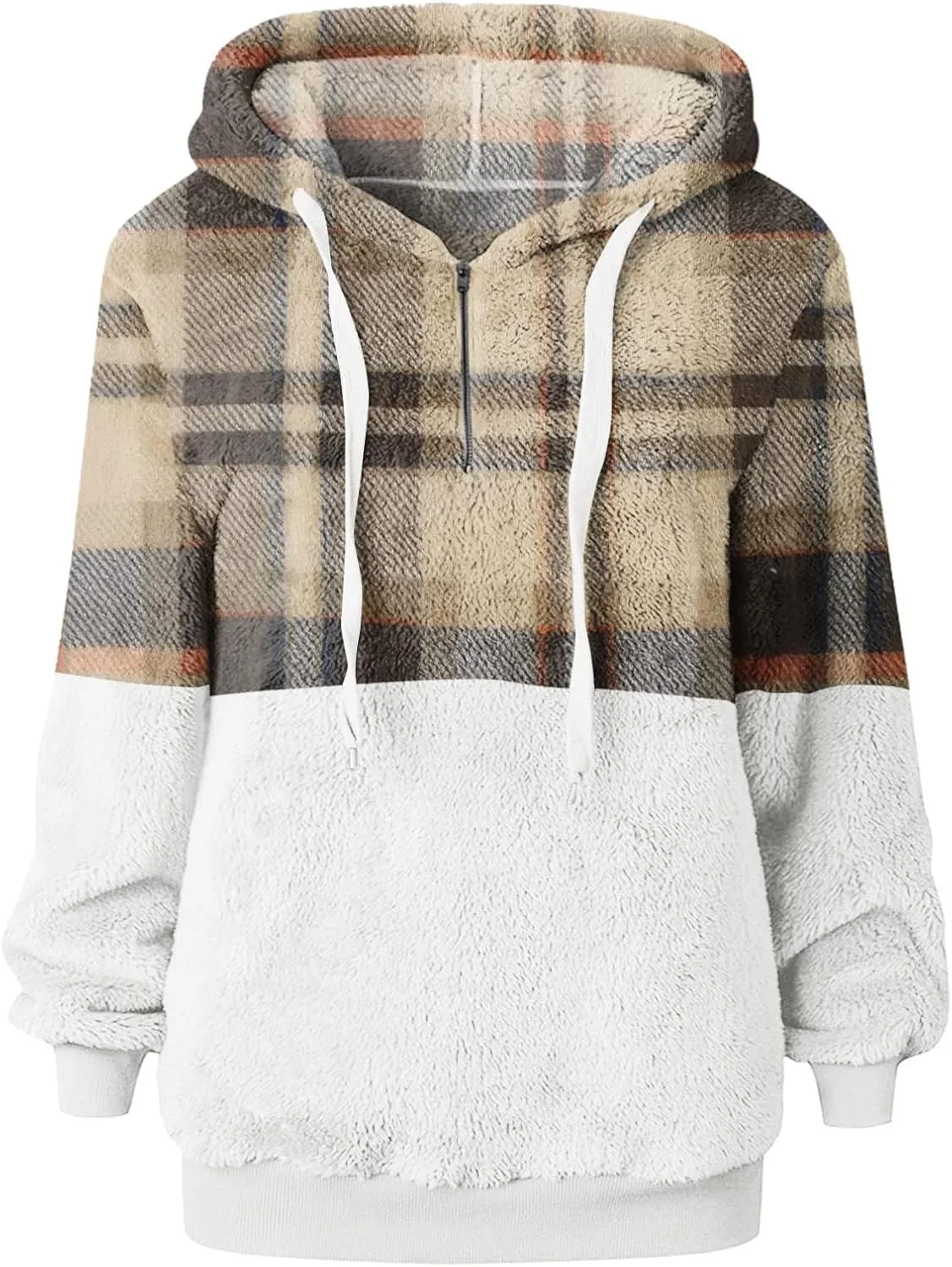 Sherpa Pullover Womens Warm Double Fleece Sweatshirts Relax Fit Fluffy Plaid Oversized Fuzzy Hoodie with Pockets