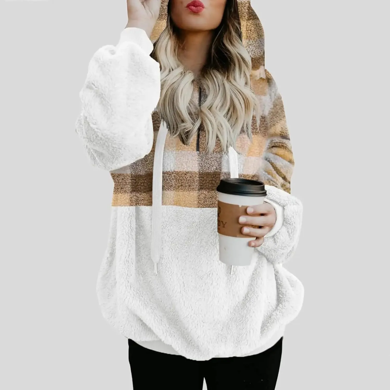 Sherpa Pullover Womens Warm Double Fleece Sweatshirts Relax Fit Fluffy Plaid Oversized Fuzzy Hoodie with Pockets