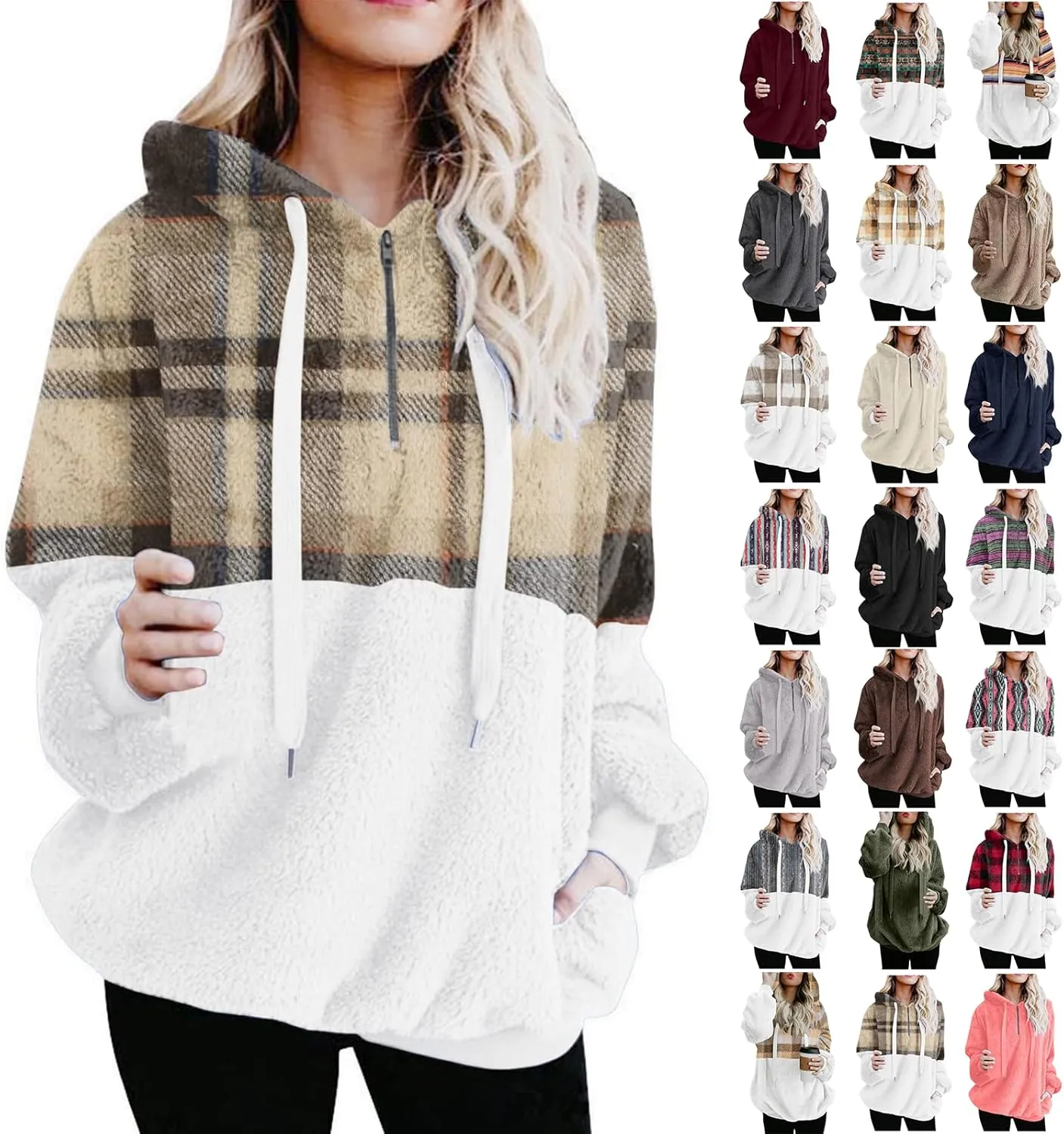 Sherpa Pullover Womens Warm Double Fleece Sweatshirts Relax Fit Fluffy Plaid Oversized Fuzzy Hoodie with Pockets