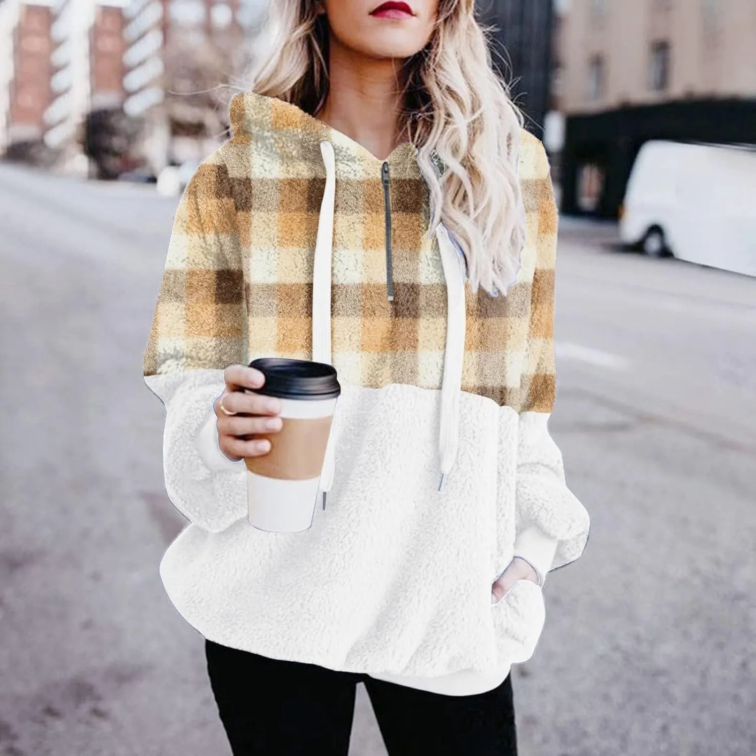 Sherpa Pullover Womens Warm Double Fleece Sweatshirts Relax Fit Fluffy Plaid Oversized Fuzzy Hoodie with Pockets