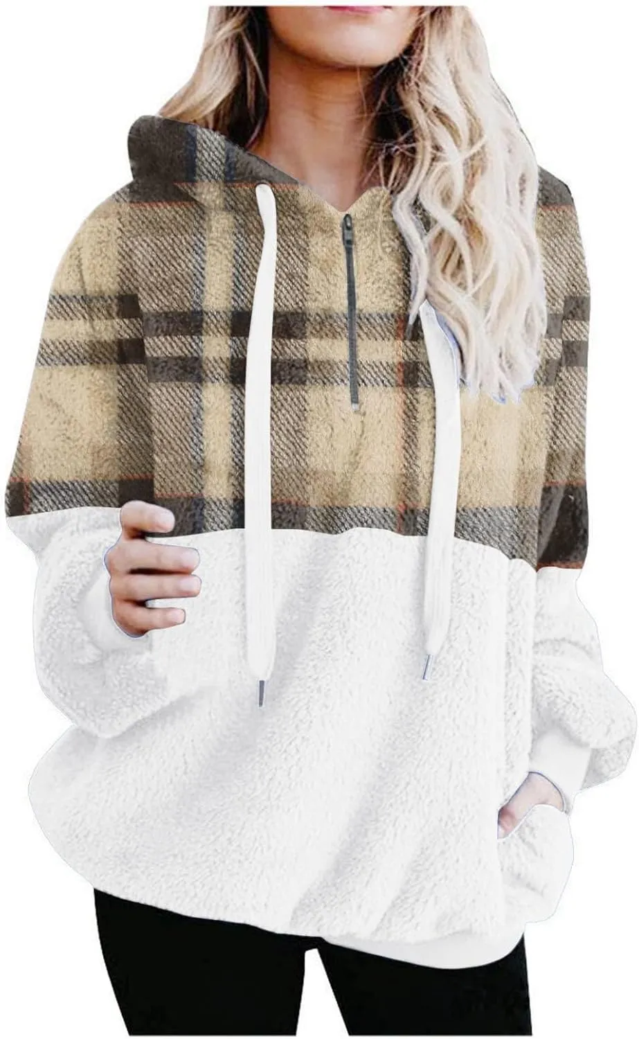 Sherpa Pullover Womens Warm Double Fleece Sweatshirts Relax Fit Fluffy Plaid Oversized Fuzzy Hoodie with Pockets