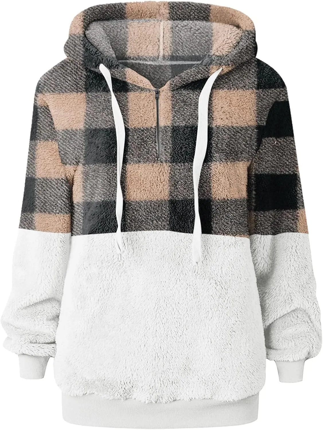 Sherpa Pullover Womens Warm Double Fleece Sweatshirts Relax Fit Fluffy Plaid Oversized Fuzzy Hoodie with Pockets