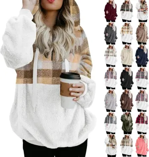 Sherpa Pullover Womens Warm Double Fleece Sweatshirts Relax Fit Fluffy Plaid Oversized Fuzzy Hoodie with Pockets