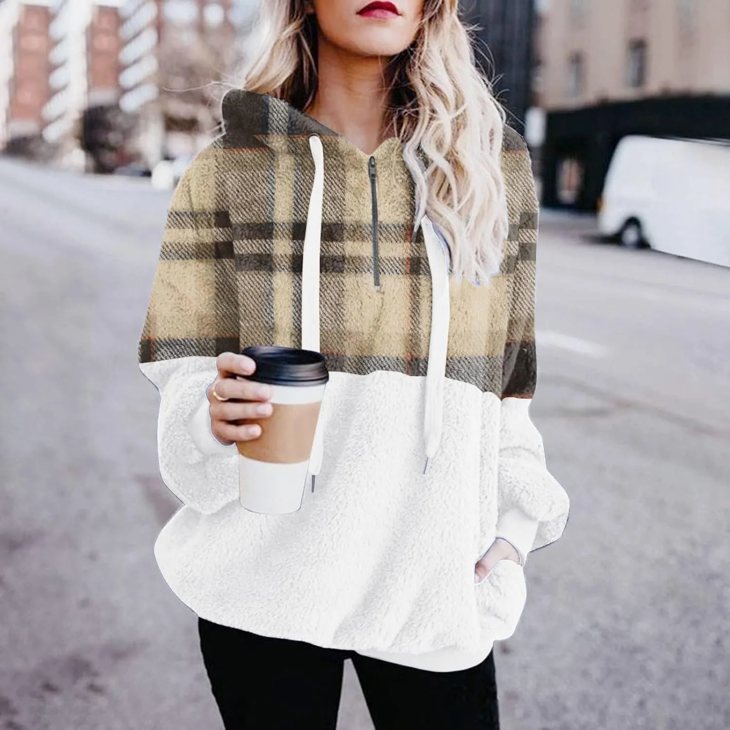 Sherpa Pullover Womens Warm Double Fleece Sweatshirts Relax Fit Fluffy Plaid Oversized Fuzzy Hoodie with Pockets