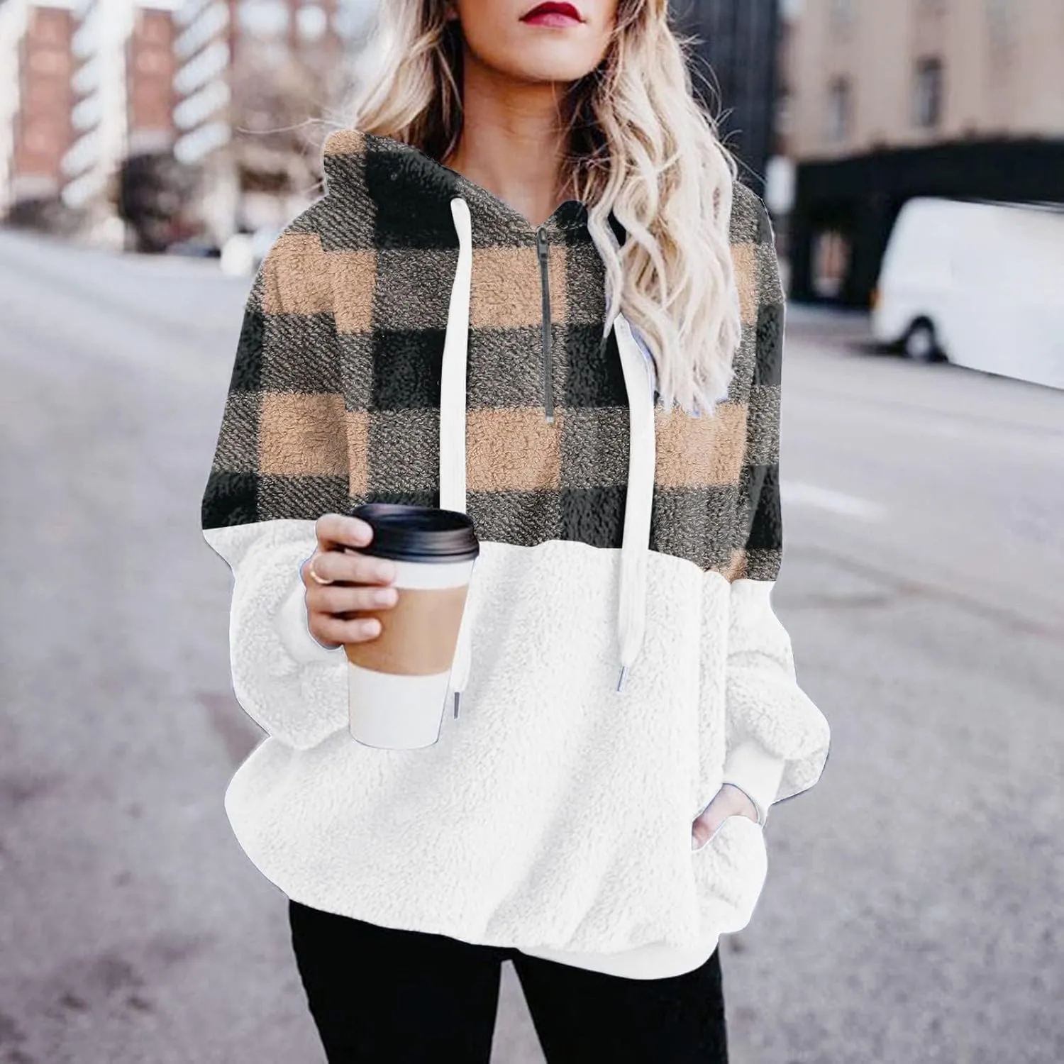 Sherpa Pullover Womens Warm Double Fleece Sweatshirts Relax Fit Fluffy Plaid Oversized Fuzzy Hoodie with Pockets