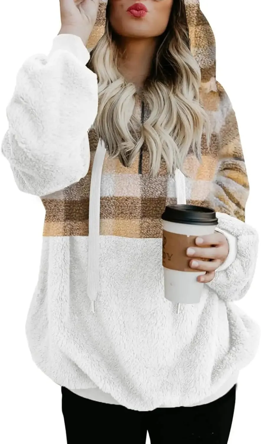 Sherpa Pullover Womens Warm Double Fleece Sweatshirts Relax Fit Fluffy Plaid Oversized Fuzzy Hoodie with Pockets