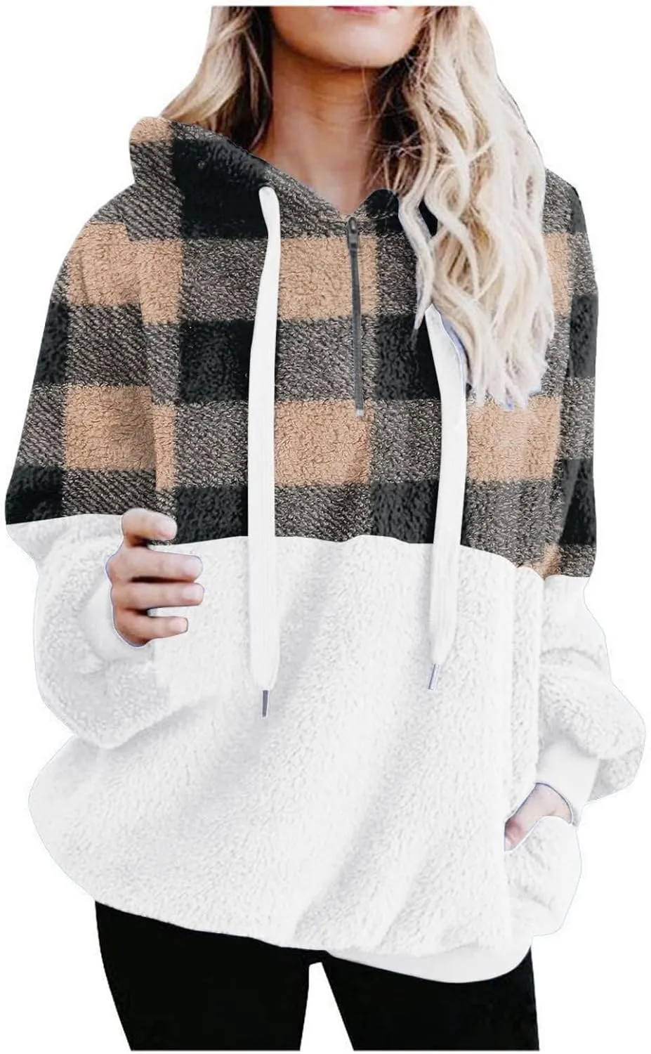 Sherpa Pullover Womens Warm Double Fleece Sweatshirts Relax Fit Fluffy Plaid Oversized Fuzzy Hoodie with Pockets