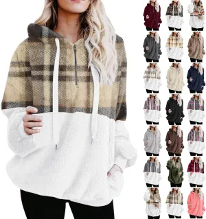 Sherpa Pullover Womens Warm Double Fleece Sweatshirts Relax Fit Fluffy Plaid Oversized Fuzzy Hoodie with Pockets
