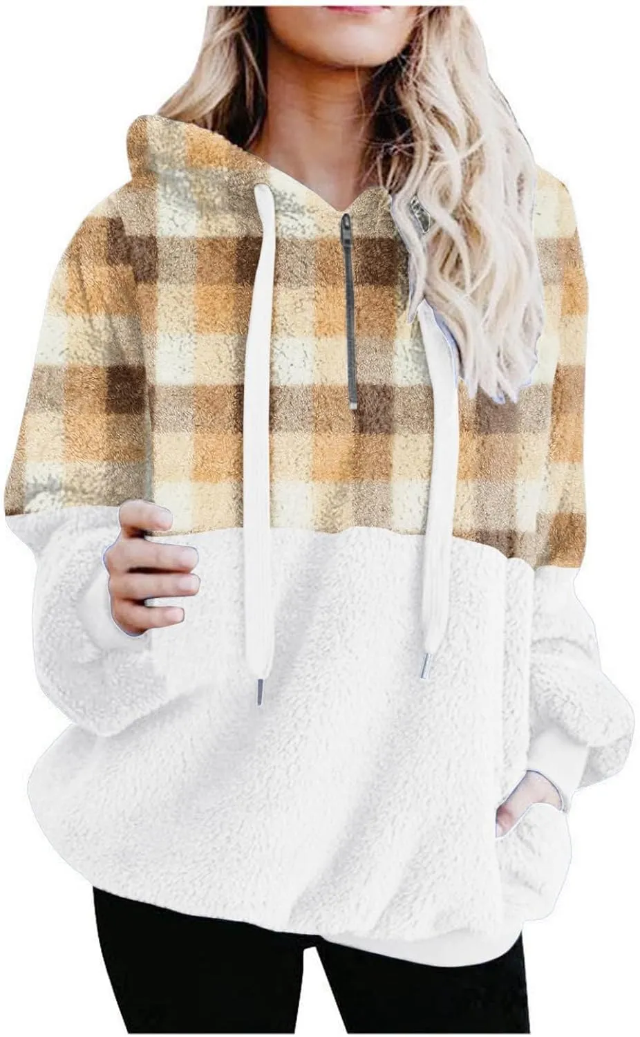 Sherpa Pullover Womens Warm Double Fleece Sweatshirts Relax Fit Fluffy Plaid Oversized Fuzzy Hoodie with Pockets