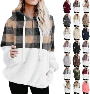 Sherpa Pullover Womens Warm Double Fleece Sweatshirts Relax Fit Fluffy Plaid Oversized Fuzzy Hoodie with Pockets