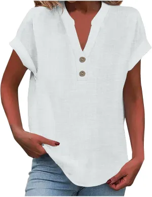 Short Sleeve Shirts for Women Summer Linen Button Down V Neck T Shirts Plus Size Casual Tops Travel Tshirts Shirt
