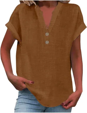 Short Sleeve Shirts for Women Summer Linen Button Down V Neck T Shirts Plus Size Casual Tops Travel Tshirts Shirt