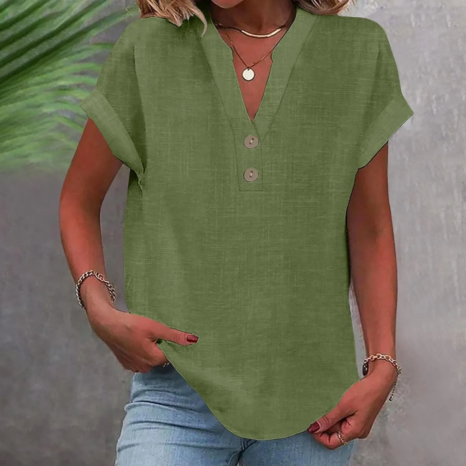 Short Sleeve Shirts for Women Summer Linen Button Down V Neck T Shirts Plus Size Casual Tops Travel Tshirts Shirt