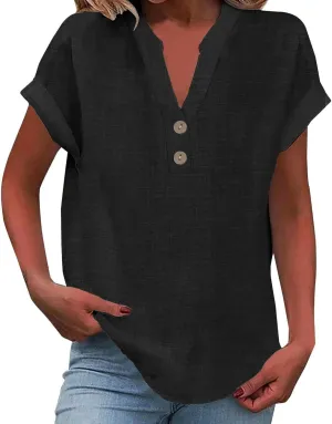 Short Sleeve Shirts for Women Summer Linen Button Down V Neck T Shirts Plus Size Casual Tops Travel Tshirts Shirt