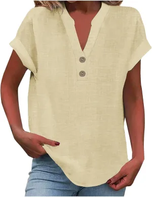 Short Sleeve Shirts for Women Summer Linen Button Down V Neck T Shirts Plus Size Casual Tops Travel Tshirts Shirt