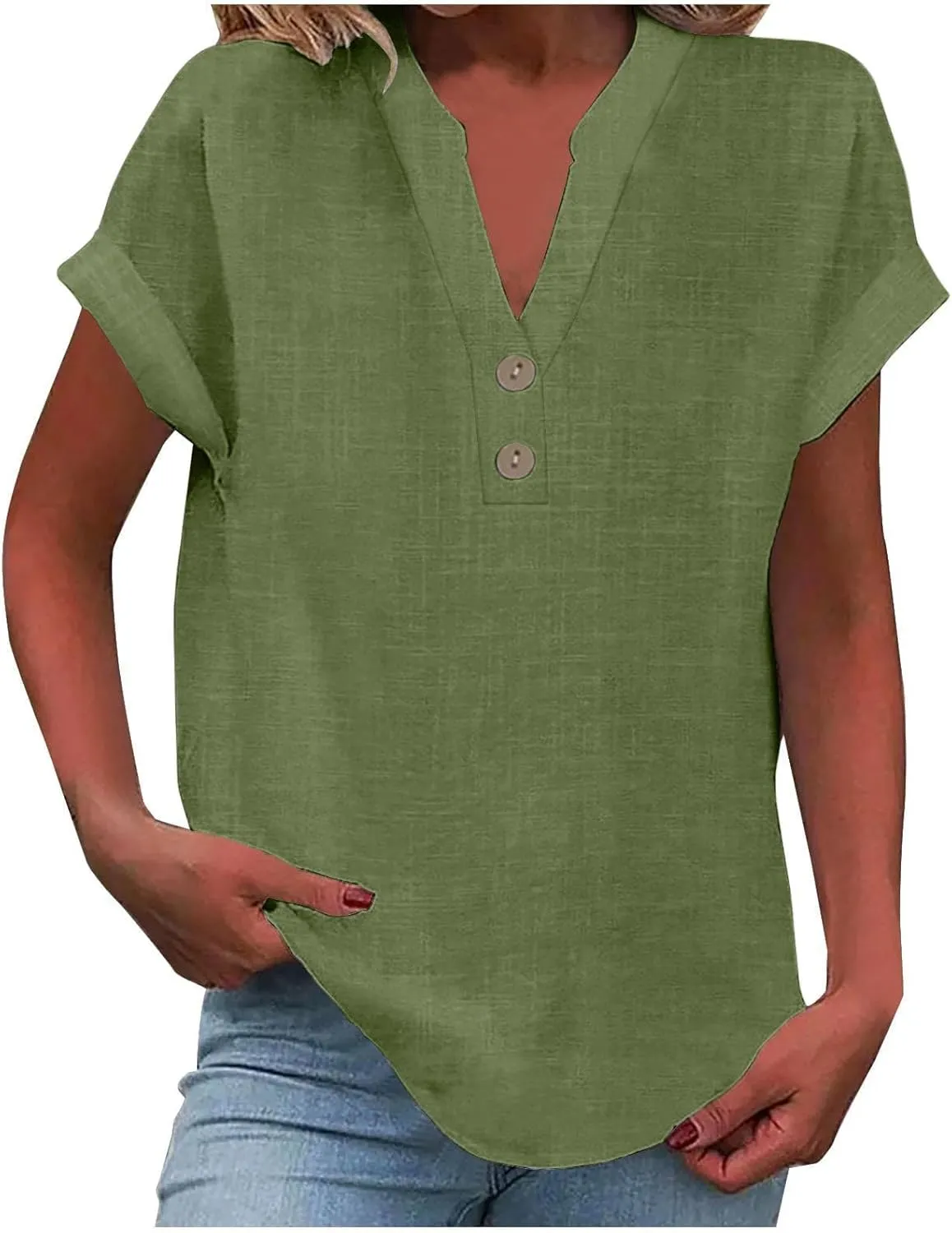 Short Sleeve Shirts for Women Summer Linen Button Down V Neck T Shirts Plus Size Casual Tops Travel Tshirts Shirt