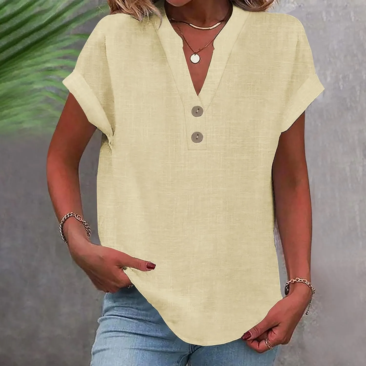 Short Sleeve Shirts for Women Summer Linen Button Down V Neck T Shirts Plus Size Casual Tops Travel Tshirts Shirt