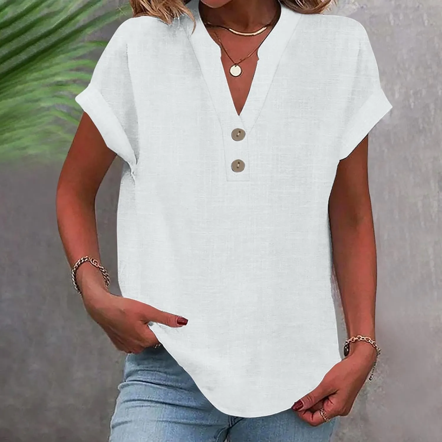 Short Sleeve Shirts for Women Summer Linen Button Down V Neck T Shirts Plus Size Casual Tops Travel Tshirts Shirt