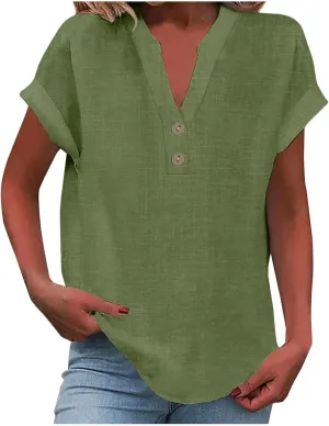 Short Sleeve Shirts for Women Summer Linen Button Down V Neck T Shirts Plus Size Casual Tops Travel Tshirts Shirt