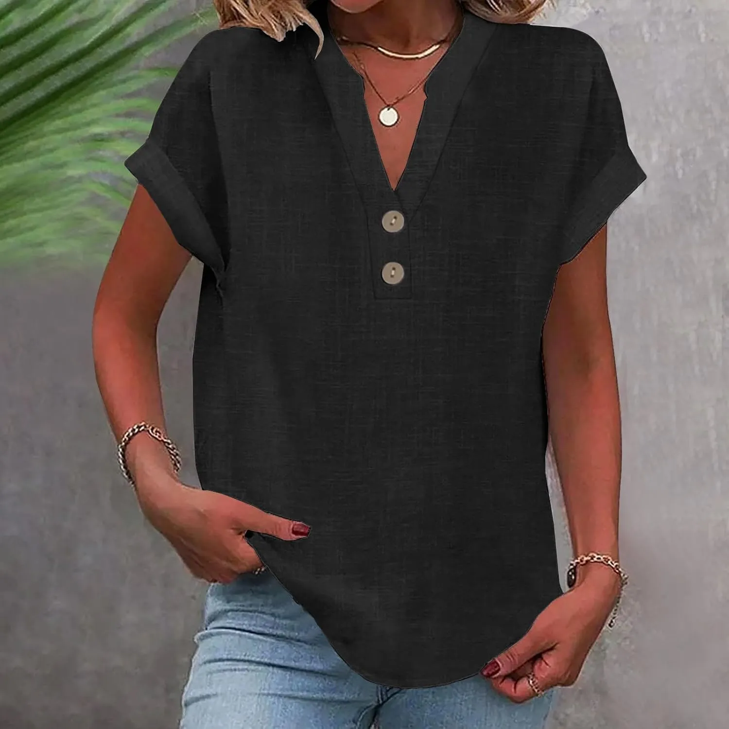 Short Sleeve Shirts for Women Summer Linen Button Down V Neck T Shirts Plus Size Casual Tops Travel Tshirts Shirt
