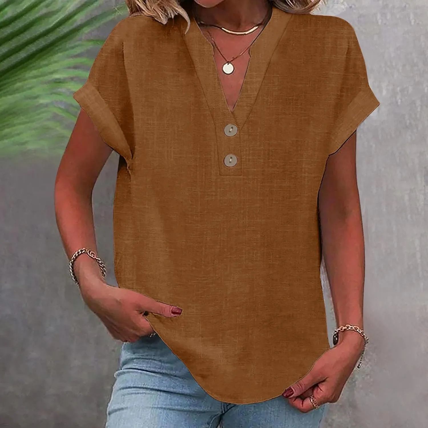 Short Sleeve Shirts for Women Summer Linen Button Down V Neck T Shirts Plus Size Casual Tops Travel Tshirts Shirt