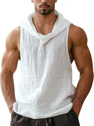 Sleeveless Hoodies for Men Cotton and Linen Tank Tops with Hoode Summer Casual Bodybuliding Shirts Tops Hippie Tees