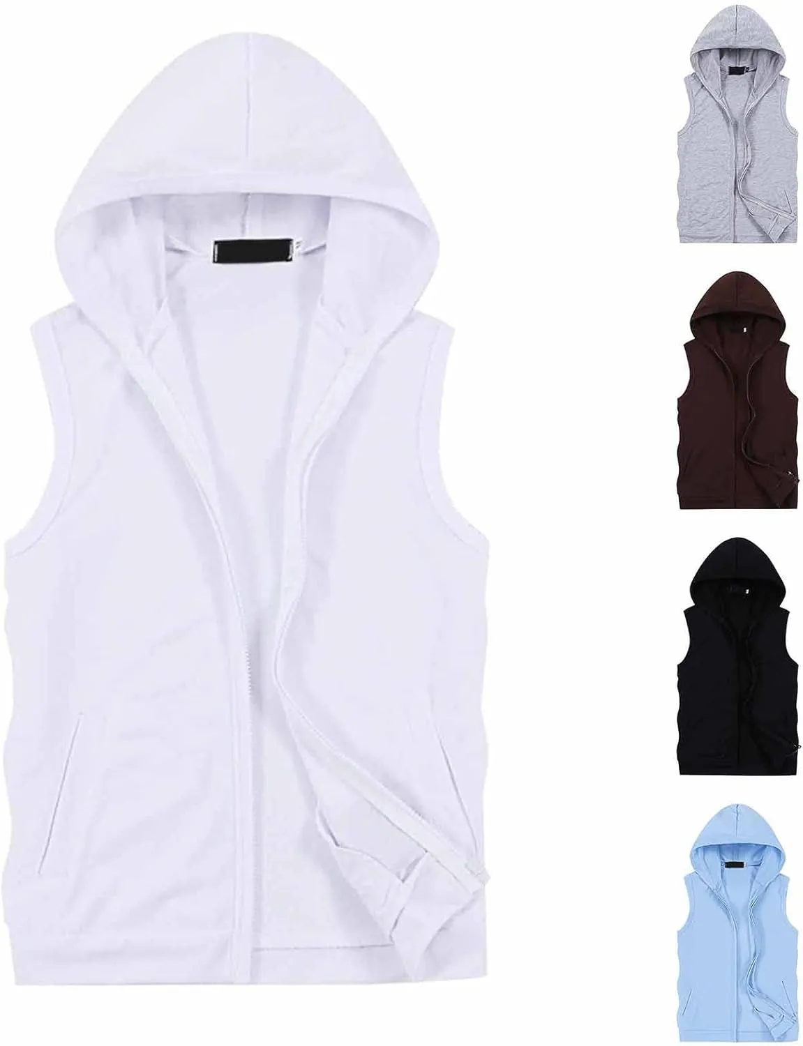 Sleeveless Hoodies for Men Full Zip Up Hooded Tank Tops with Pockets Muscle Workout Gym Hoodie Casual Cut Off Vest