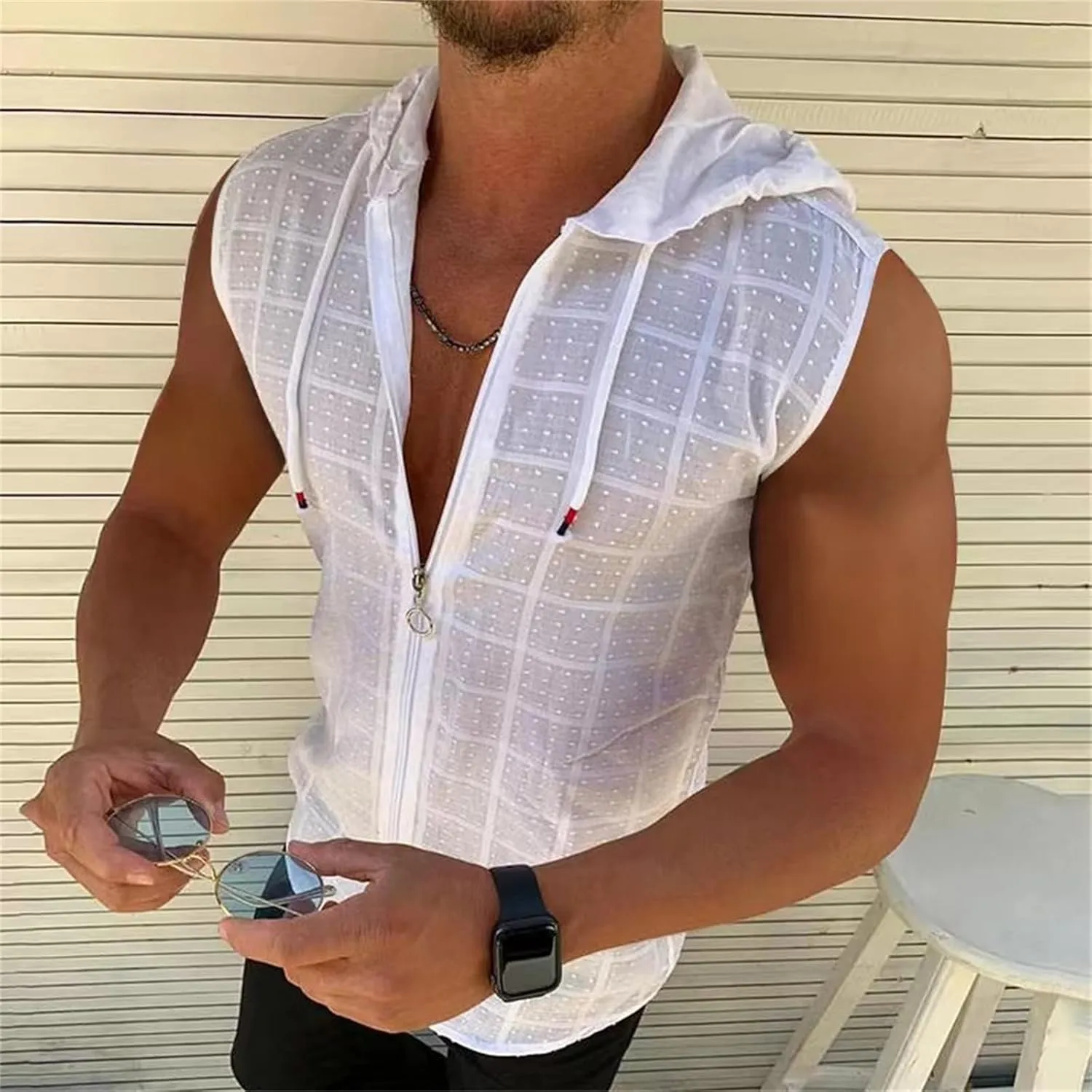 Sleeveless Hoodies for Men Full Zipper Tank Tops Summer Solid Color Muscle Shirts with Drawstring Hooded Tees T Shirt
