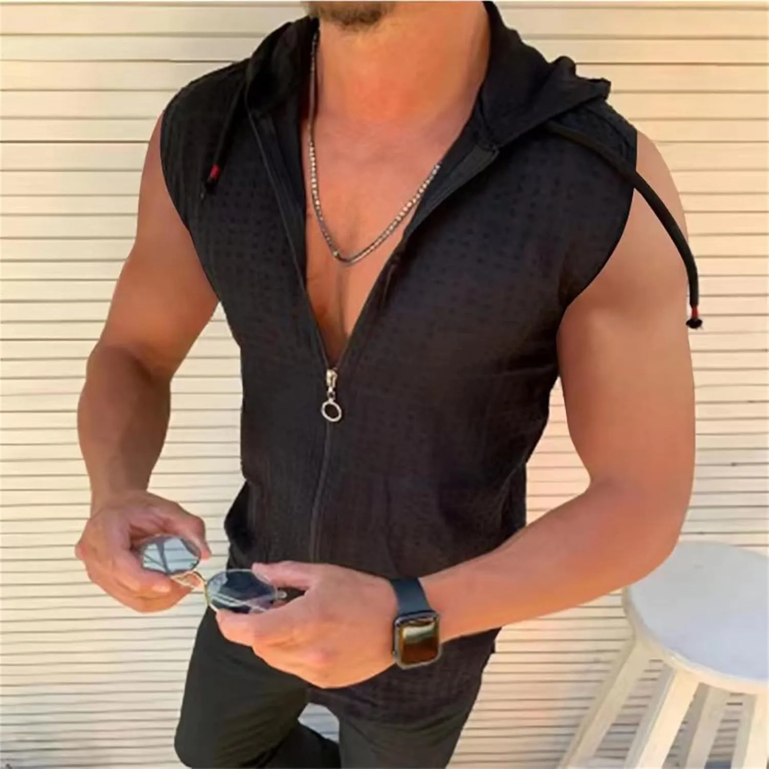 Sleeveless Hoodies for Men Full Zipper Tank Tops Summer Solid Color Muscle Shirts with Drawstring Hooded Tees T Shirt