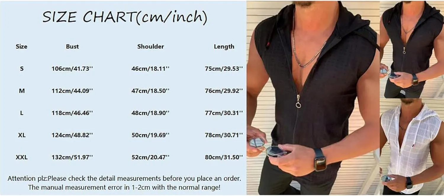 Sleeveless Hoodies for Men Full Zipper Tank Tops Summer Solid Color Muscle Shirts with Drawstring Hooded Tees T Shirt