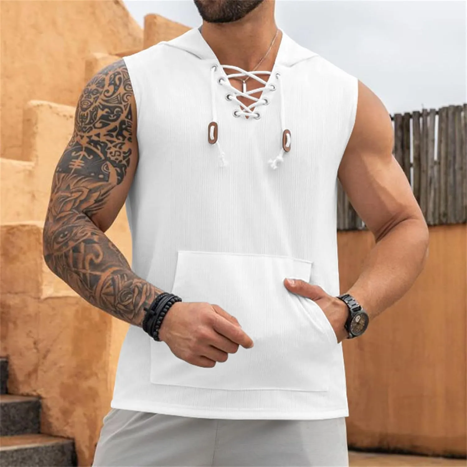 Sleeveless Hoodies for Men Lace Up V Neck Tank Tops with Hood Solid Fitness Muscle Shirts Summer Bodybuilding Gym Tee