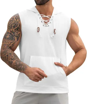Sleeveless Hoodies for Men Lace Up V Neck Tank Tops with Hood Solid Fitness Muscle Shirts Summer Bodybuilding Gym Tee