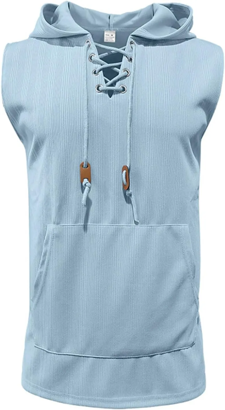 Sleeveless Hoodies for Men Lace Up V Neck Tank Tops with Hood Solid Fitness Muscle Shirts Summer Bodybuilding Gym Tee
