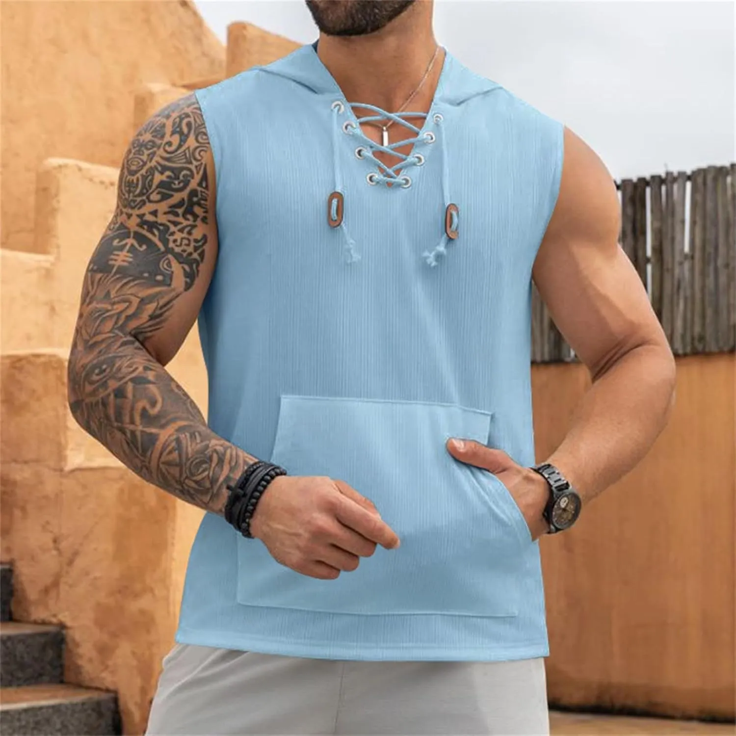Sleeveless Hoodies for Men Lace Up V Neck Tank Tops with Hood Solid Fitness Muscle Shirts Summer Bodybuilding Gym Tee