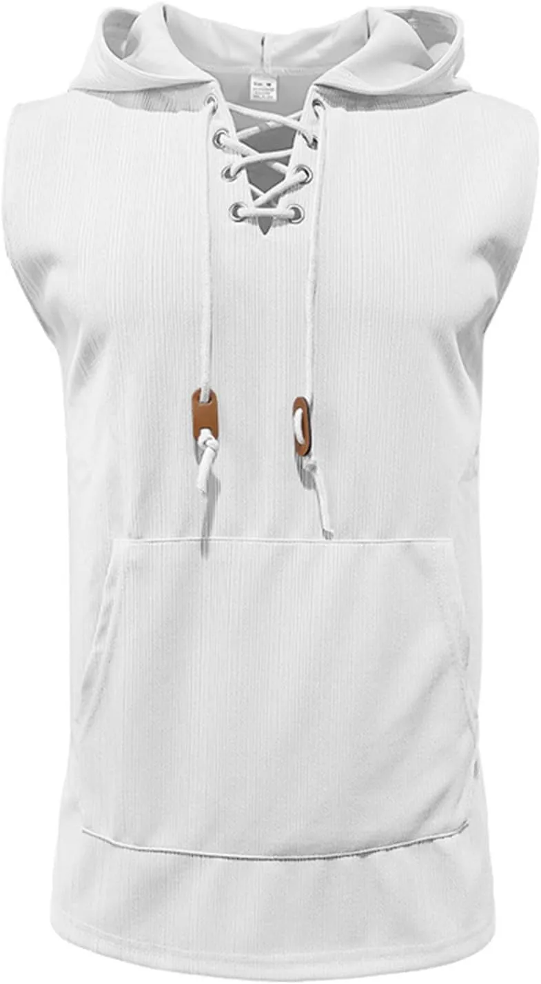 Sleeveless Hoodies for Men Lace Up V Neck Tank Tops with Hood Solid Fitness Muscle Shirts Summer Bodybuilding Gym Tee