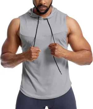 Sleeveless Hoodies for Men Quick Dry Tank Tops with Drawstring Muscle Shirt Fitness Athletic Tees Workout Gym Shirts