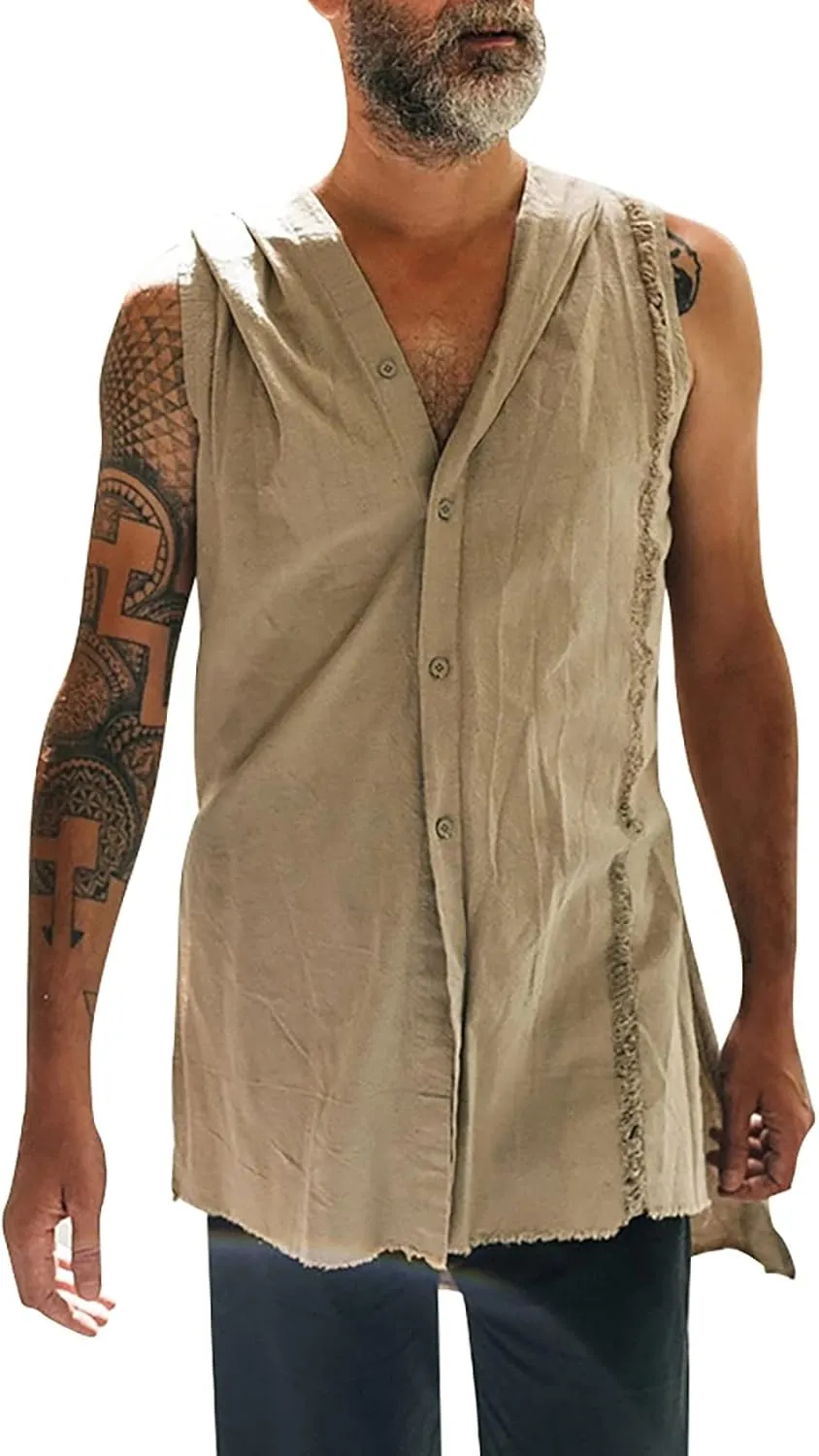 Sleeveless Hoodies for Men Summer Cotton Linen Tank Tops Hoodie Solid Button Up Beach Hooded Cut Off Workout Shirts