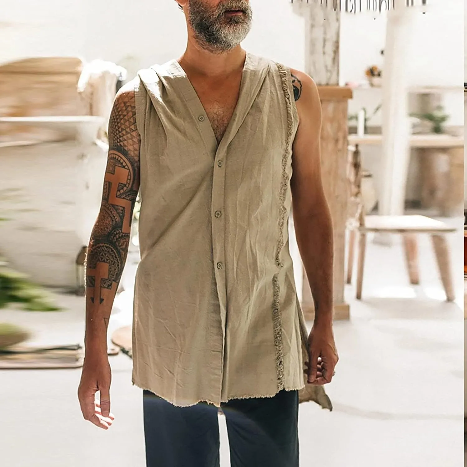 Sleeveless Hoodies for Men Summer Cotton Linen Tank Tops Hoodie Solid Button Up Beach Hooded Cut Off Workout Shirts