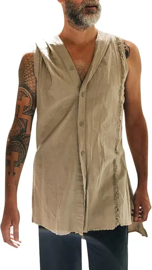 Sleeveless Hoodies for Men Summer Cotton Linen Tank Tops Hoodie Solid Button Up Beach Hooded Cut Off Workout Shirts