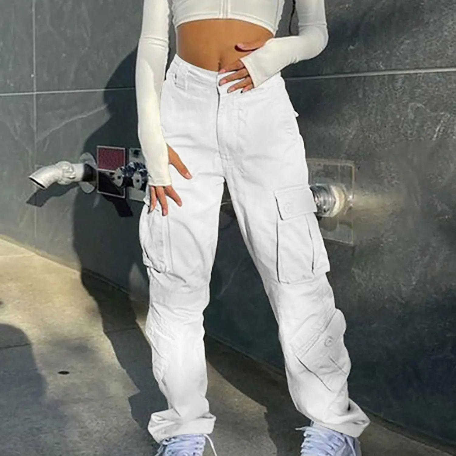 SMIDOW Baggy Cargo Pants for Women Relax Fit Parachute Pants Y2K Clothing Multi Pockets Wide Leg Combat Military Trousers