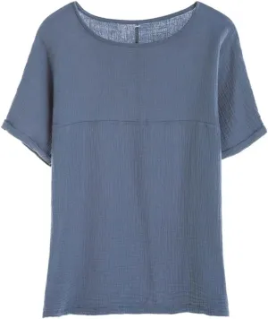 Soojun Women's Cotton Linen Round Collar Boxy Top Patchwork Blouses