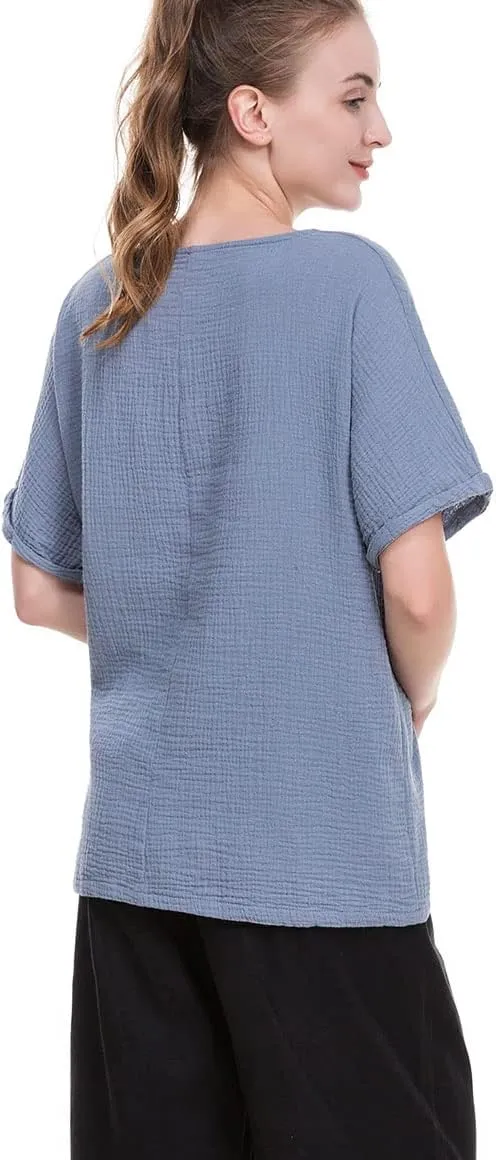 Soojun Women's Cotton Linen Round Collar Boxy Top Patchwork Blouses