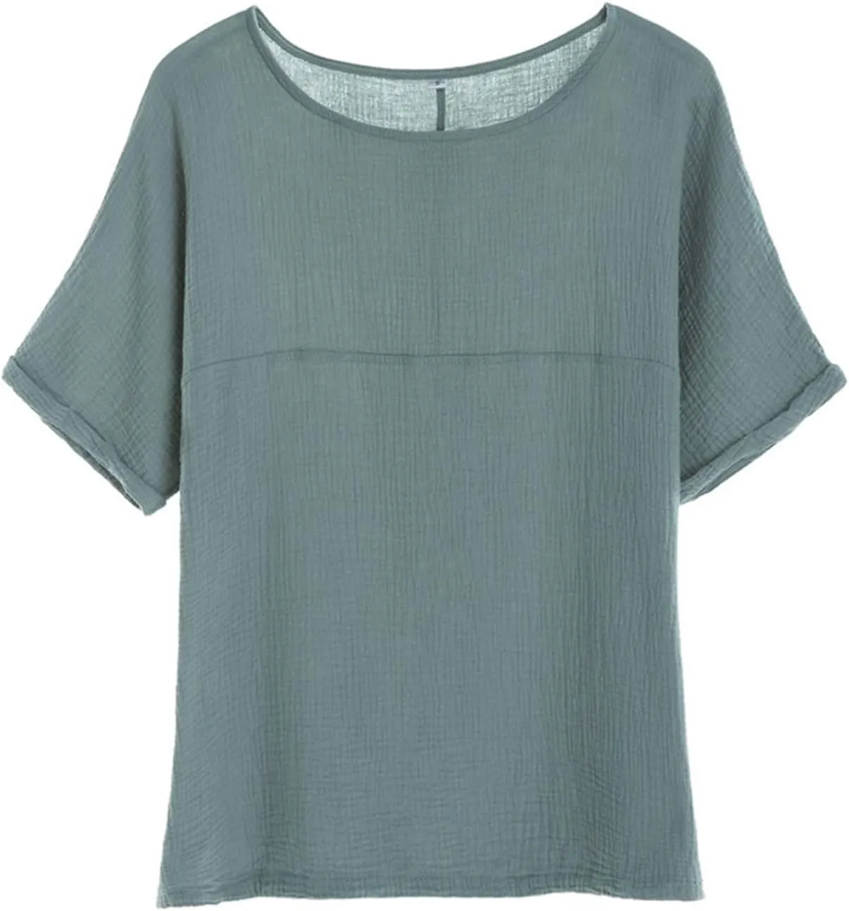 Soojun Women's Cotton Linen Round Collar Boxy Top Patchwork Blouses