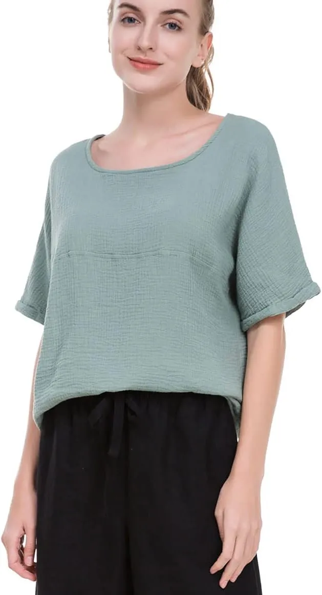 Soojun Women's Cotton Linen Round Collar Boxy Top Patchwork Blouses