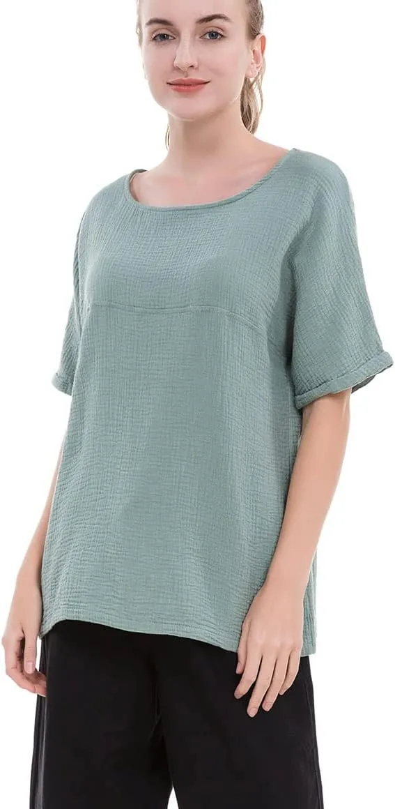 Soojun Women's Cotton Linen Round Collar Boxy Top Patchwork Blouses